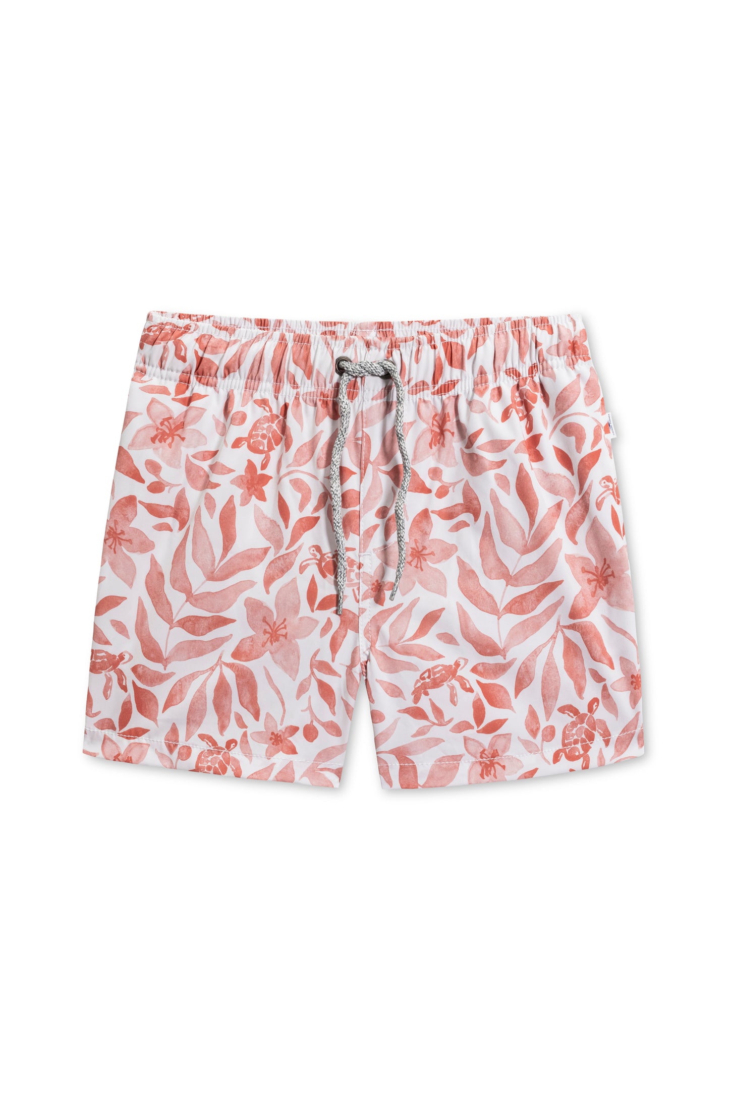 Boys vintage stretch swim short in orange turtle front view