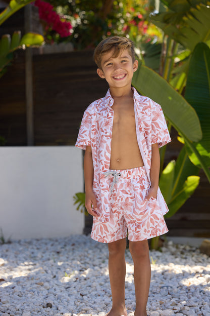 Boys vintage stretch swim short in orange turtle style view