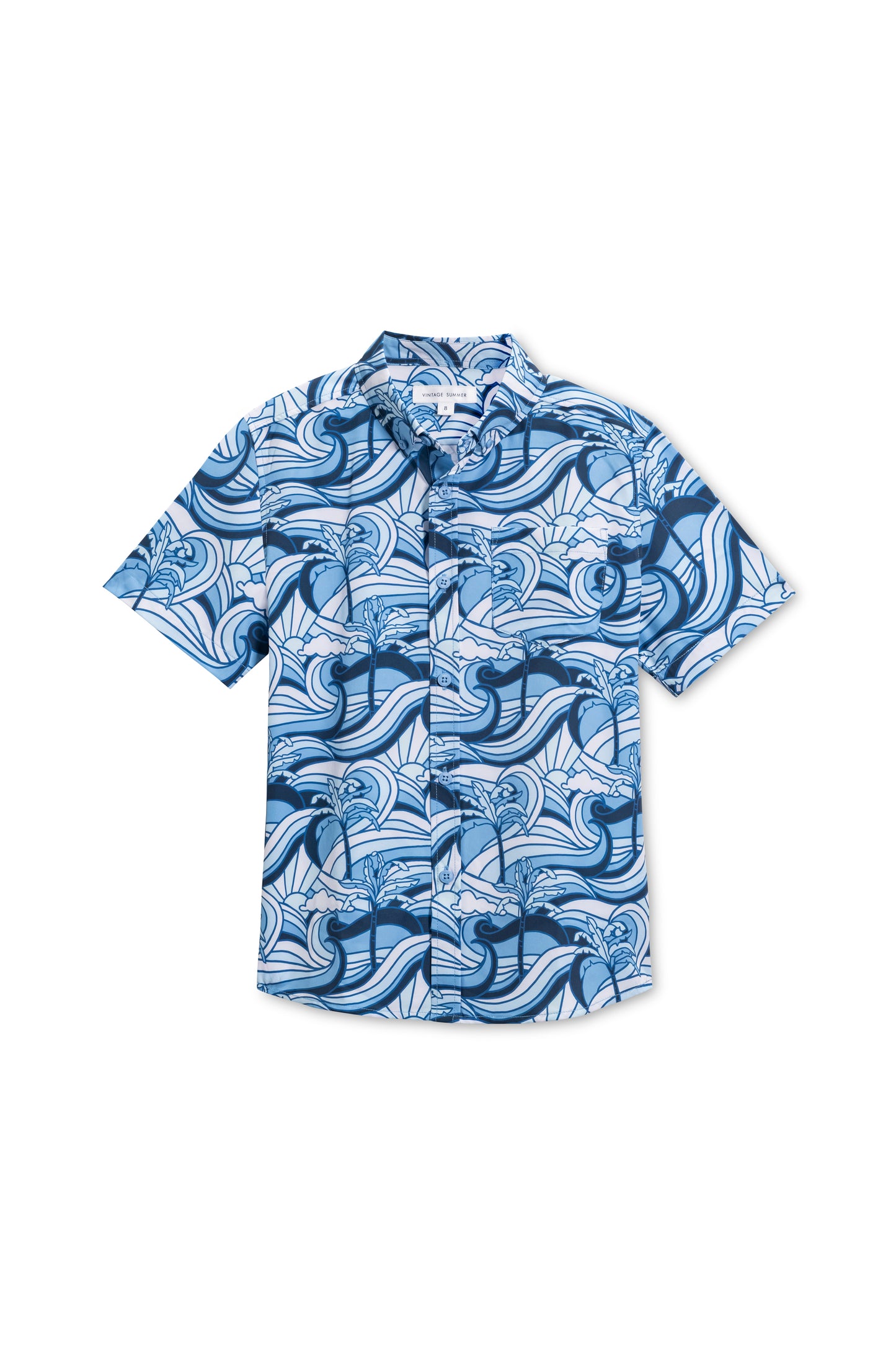 Boys vintage stretch button down in navy wave sun front view