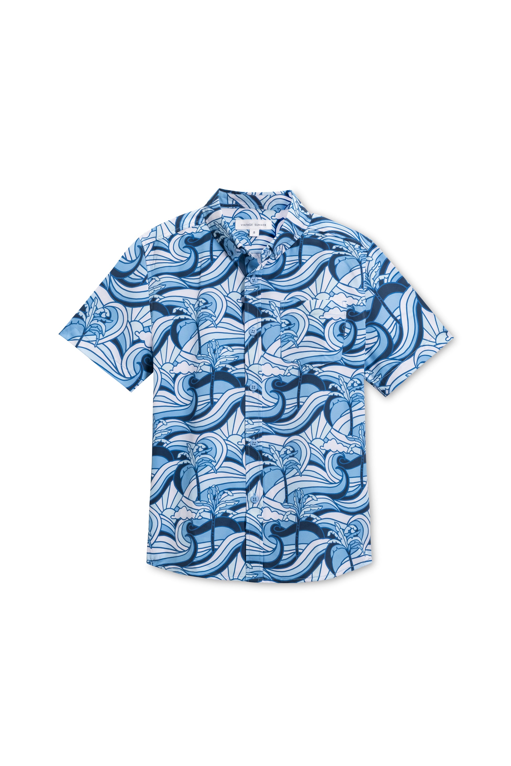 Boys vintage stretch button down in navy wave sun front view