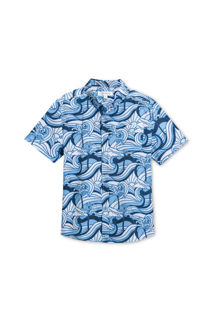 Boys vintage stretch button down in navy wave sun front view