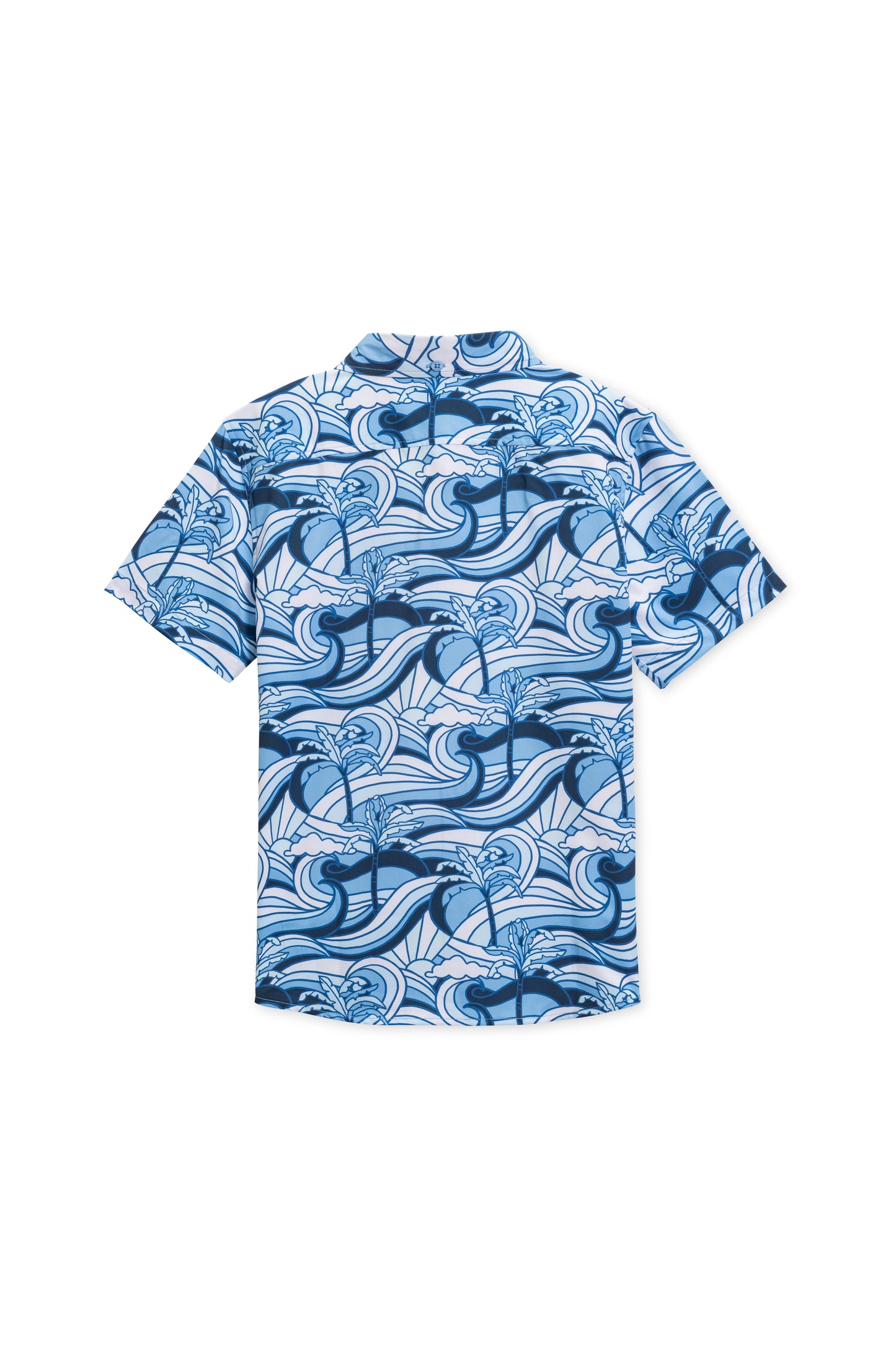 Boys vintage stretch button down in navy wave sun back view