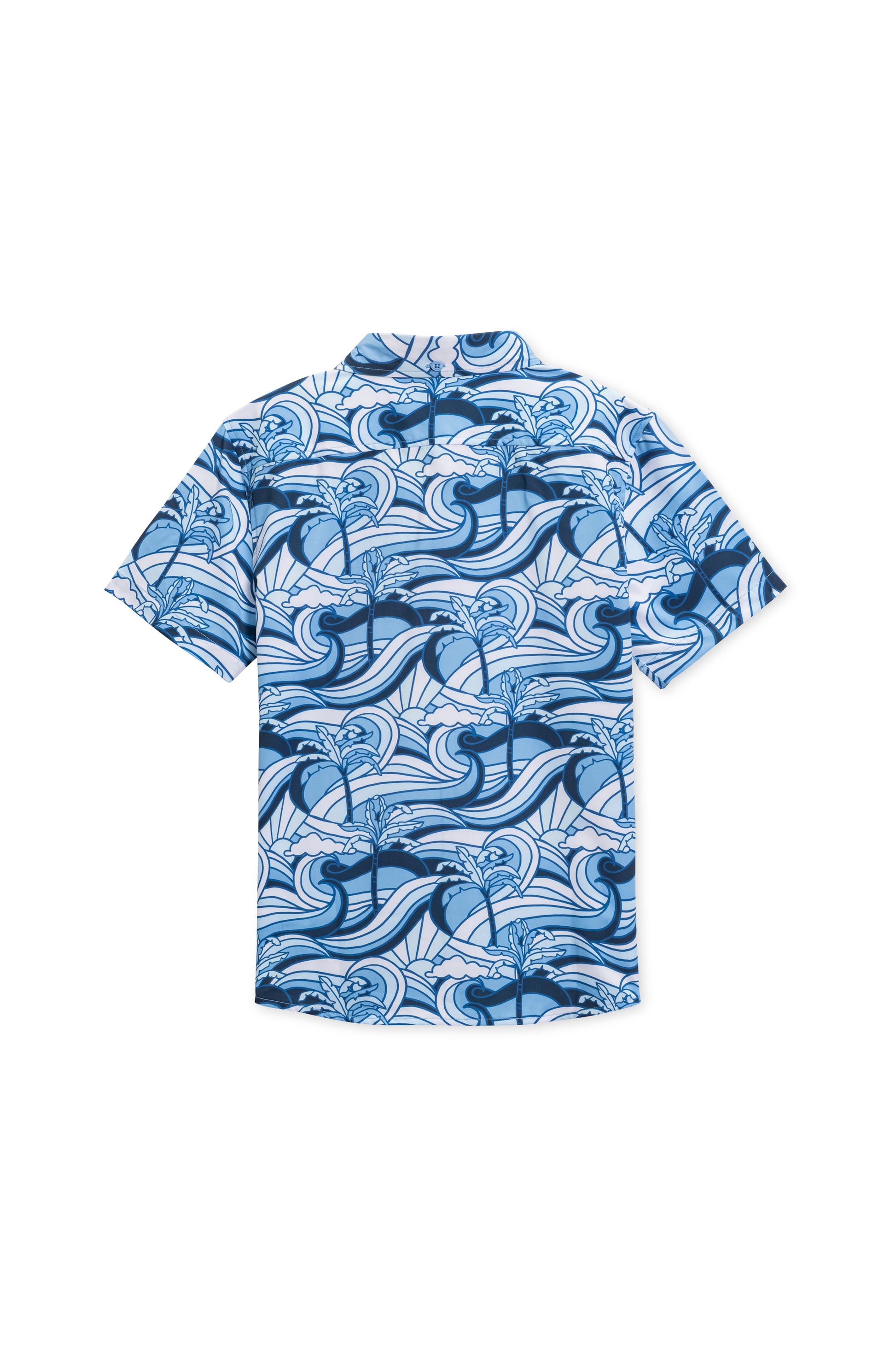 Boys vintage stretch button down in navy wave sun back view