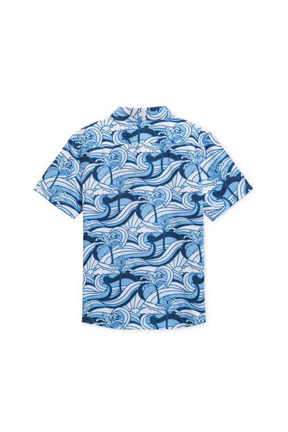 Boys vintage stretch button down in navy wave sun back view