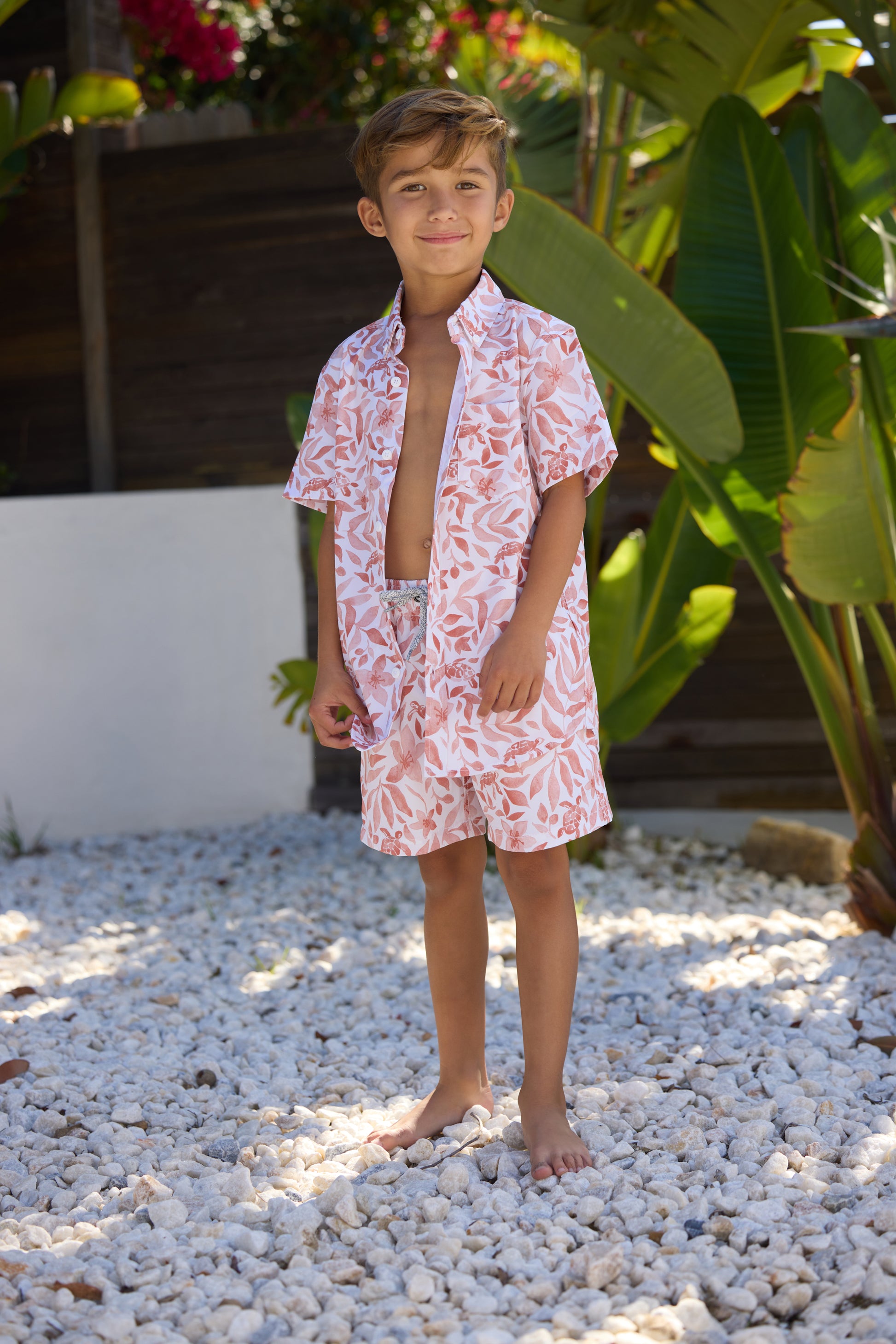 Boys vintage stretch button down in orange turtle style view