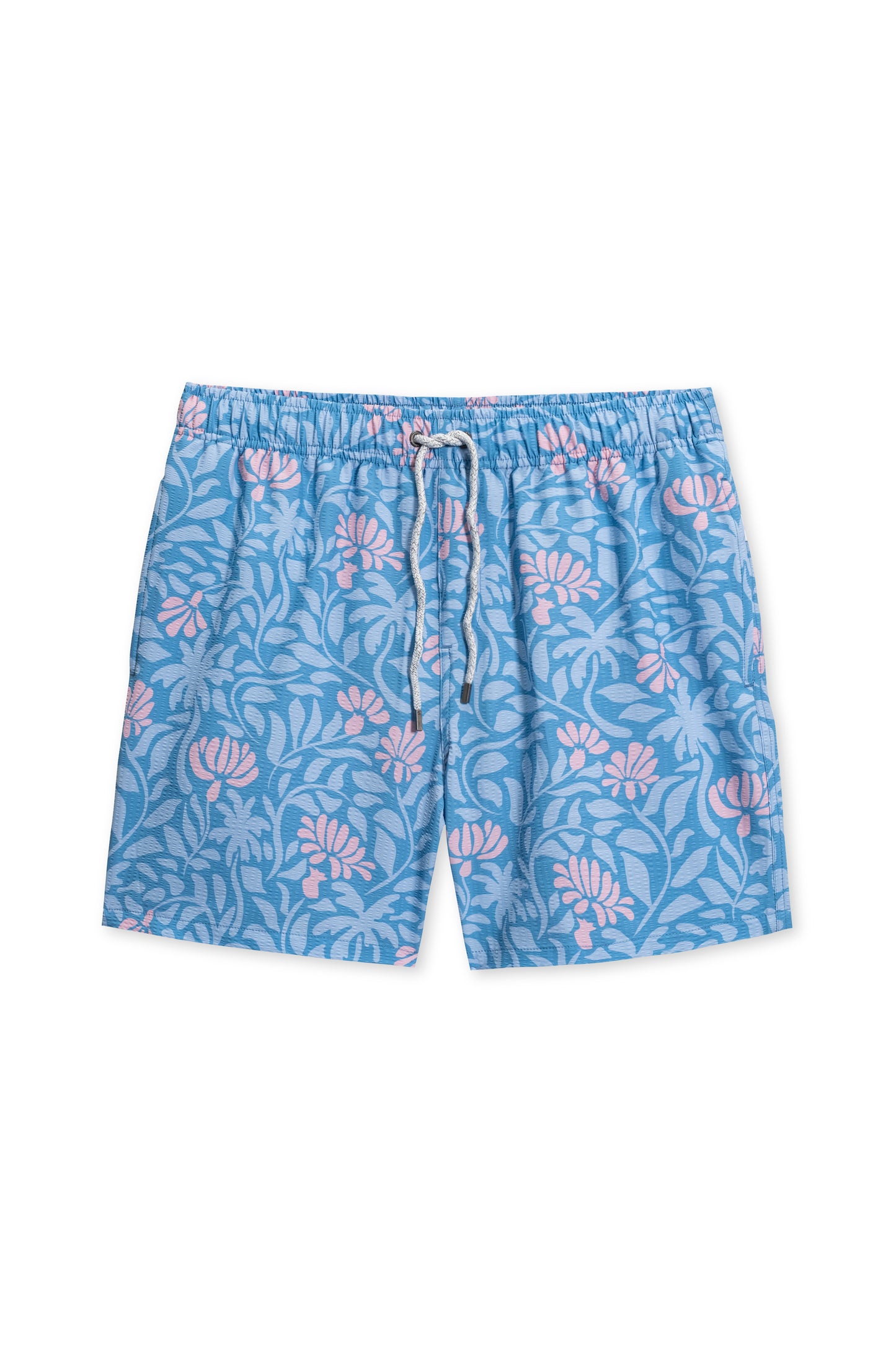 Seersucker swim short in blue funky floral front view