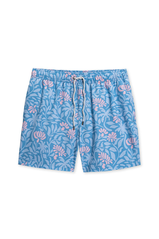Seersucker swim short in blue funky floral front view