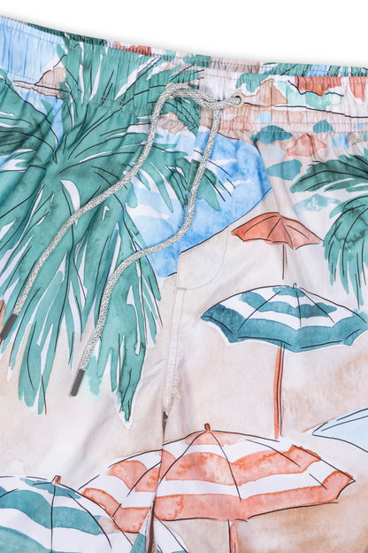 Ponji swim short in tan beach scene detail view