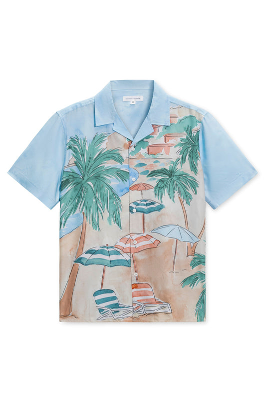 Premium camp shirt in tan beach scene front view
