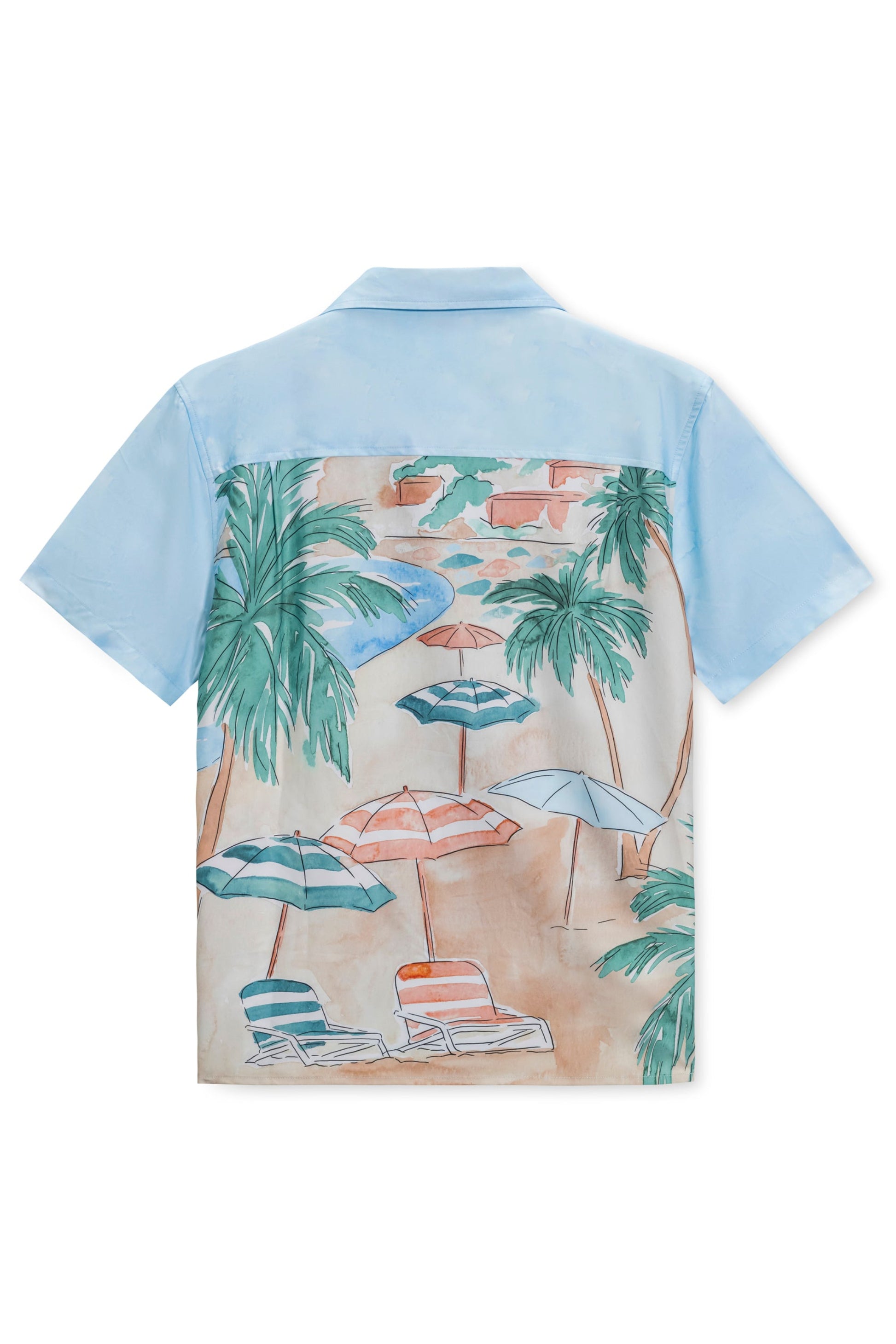 Premium camp shirt in tan beach scene back view