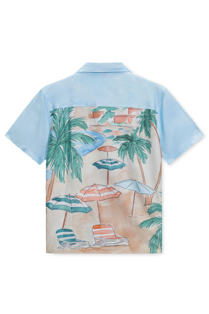 Premium camp shirt in tan beach scene back view