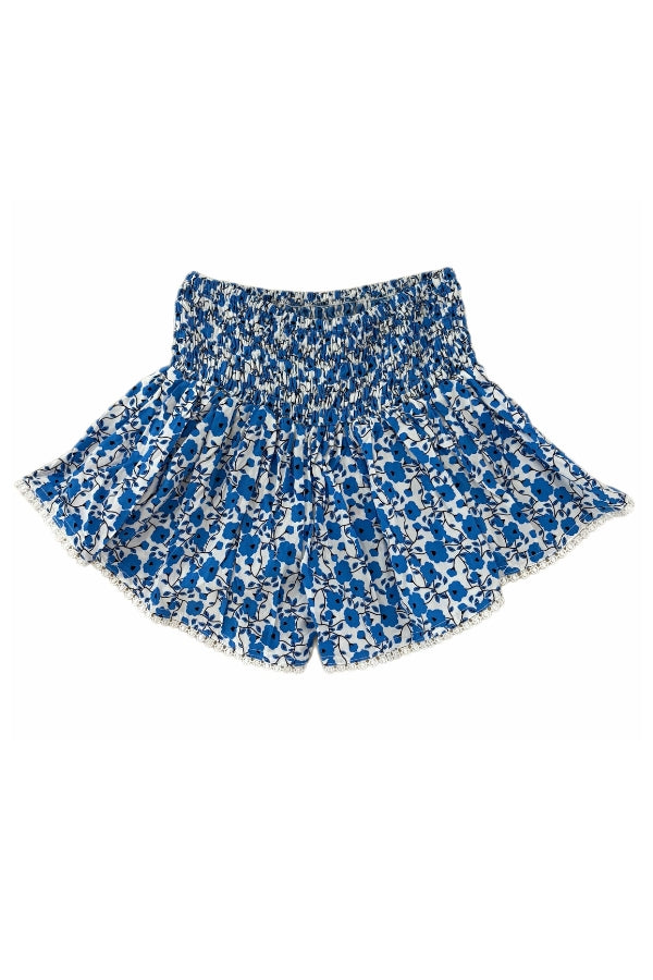 Blue ditsy floral smock short with elastic smocked waist and flared hem