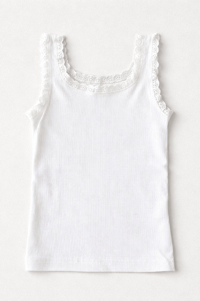 White lace tank with scalloped neckline and lace-trim shoulder straps