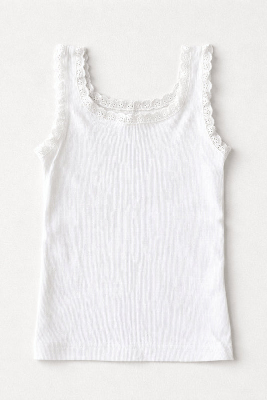 White lace tank with scalloped neckline and lace-trim shoulder straps