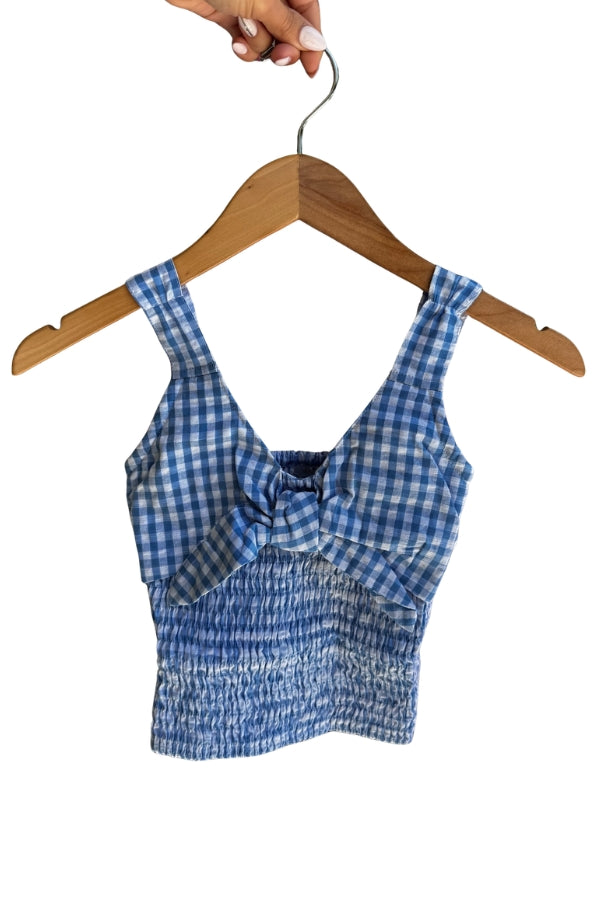 Blue gingham tie smock top with gathered neckline and smocked bodice, sleeveless