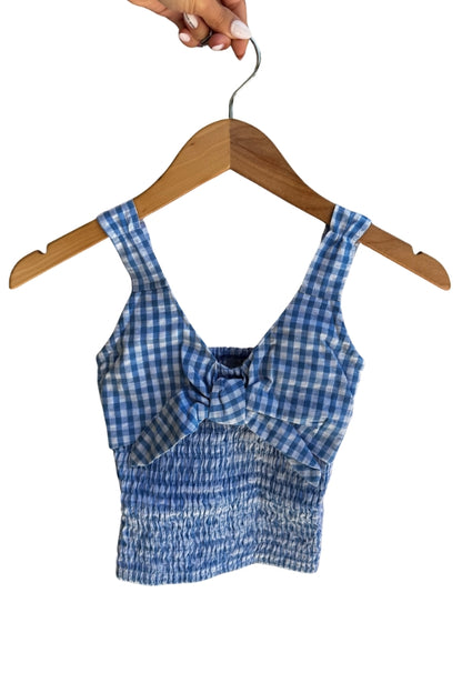 Blue gingham tie smock top with gathered neckline and smocked bodice, sleeveless