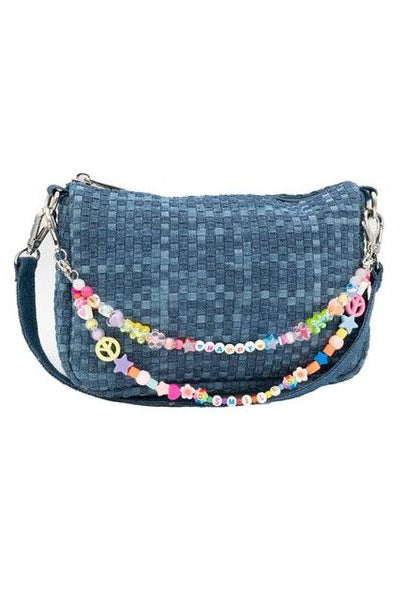Bari Lynn Denim Weave Bag with Beaded Charm Strap folded strap