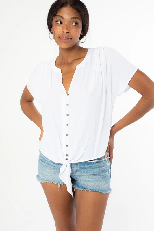 Chalk short-sleeve button tie-front top with V-neck and front buttons