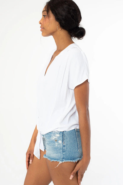 Chalk short-sleeve button tie-front top, side view with front button placket