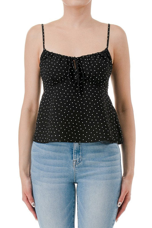 Black polka-dot crop babydoll cami with thin straps and front tie