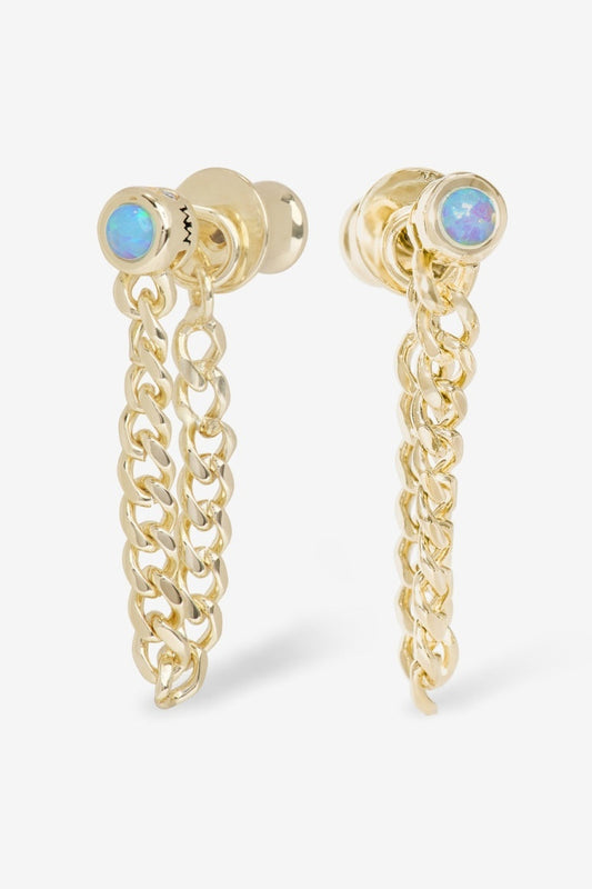 Gold chain hoop earrings with opal stud