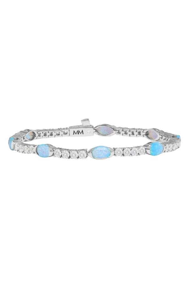 Silver-tone tennis bracelet with blue oval stones and crystal link row