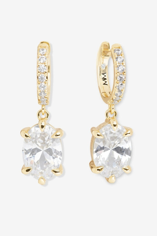 Gold earrings with clear gemstones on a white background