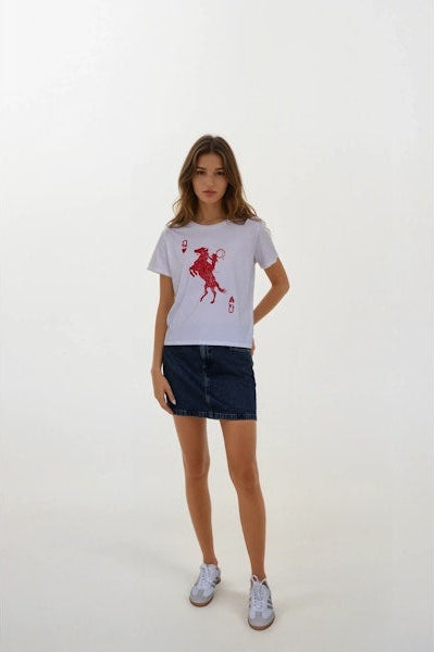 White tee with red rodeo-cowboy graphic front