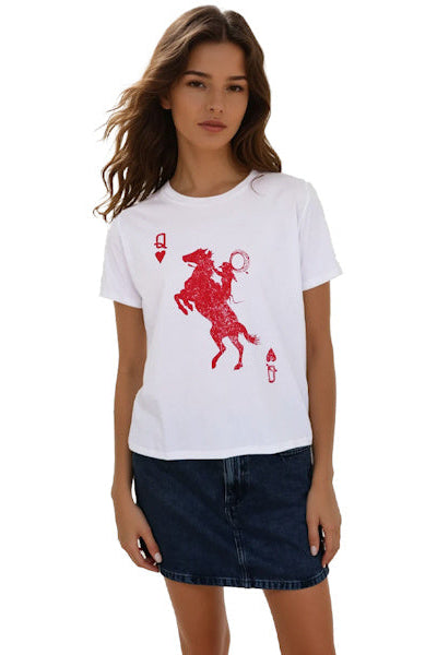 White tee close-up: red rodeo cowboy graphic and boot icons