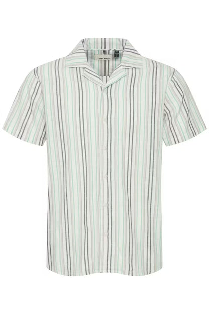 Short-sleeve button-down shirt with vertical thin stripes, point collar, button placket