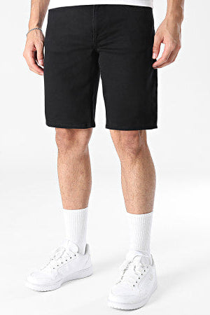 Black denim shorts with straight hem and front button closure