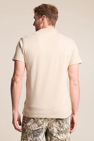 Oyster grey knit polo shirt back view with short sleeves