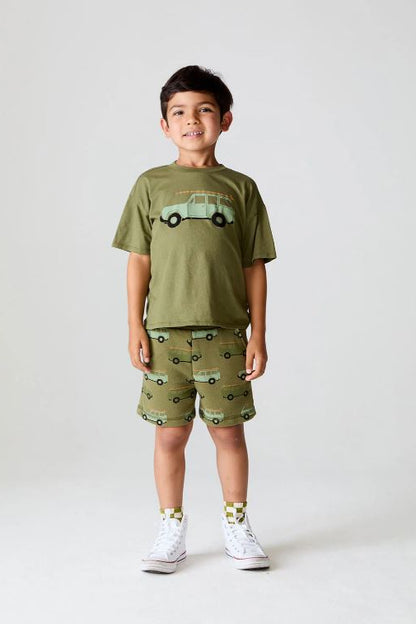 Beach Day shorts olive green with allover truck print, elastic waistband
