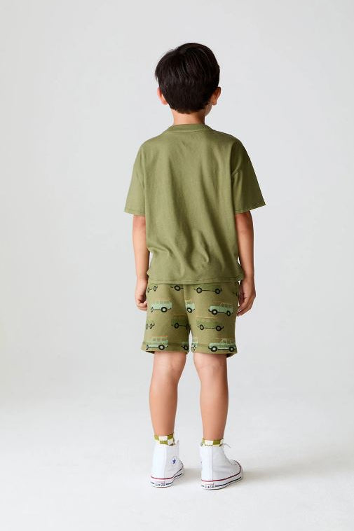 Beach Day shorts olive green, back view, allover truck print, elastic waistband
