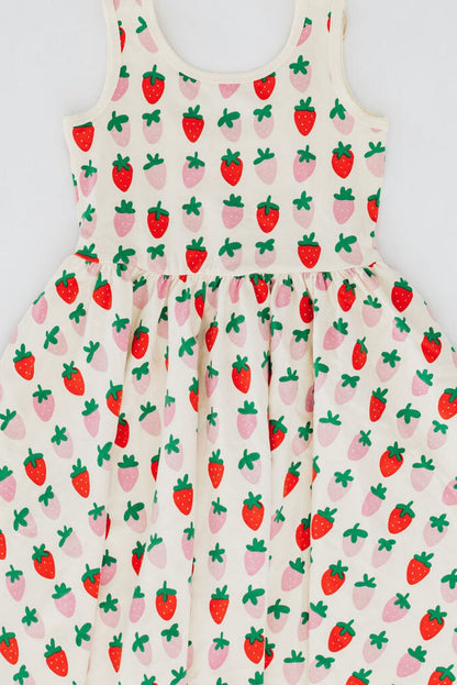 Strawberry and cactus twirl dress front close-up with gathered waist and tank bodice