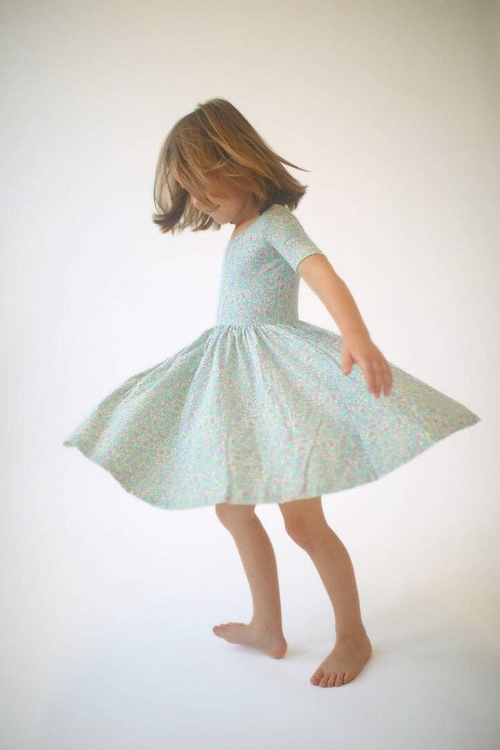Girls green floral twirl dress, short sleeves, twirly gathered skirt