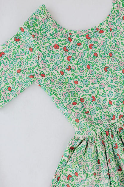 Girls twirl dress in mint green floral print, short sleeves, gathered waist hem.