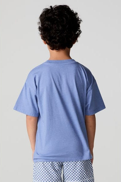 Kids light blue T-shirt, back view with plain fabric and short sleeves.