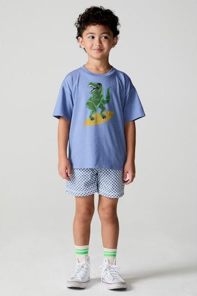 Kids light blue T-shirt with green T-rex graphic and yellow details on the chest.