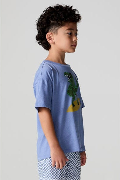 Kids light blue T-shirt with green T-rex graphic visible on the side chest area.