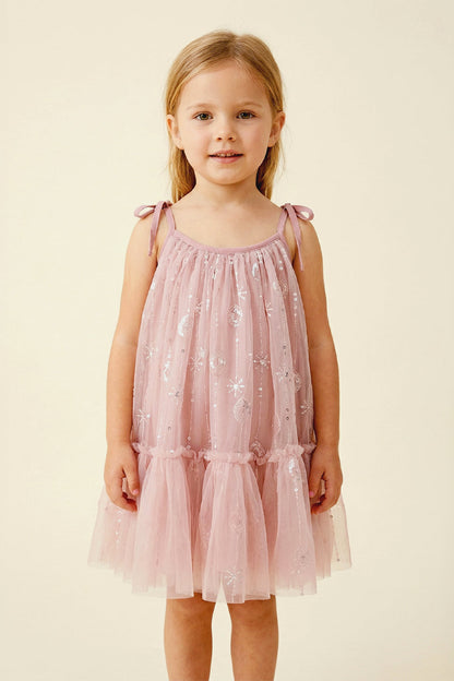 Pink tulle dress with bow shoulder straps, sparkly snowflake print, layered skirt