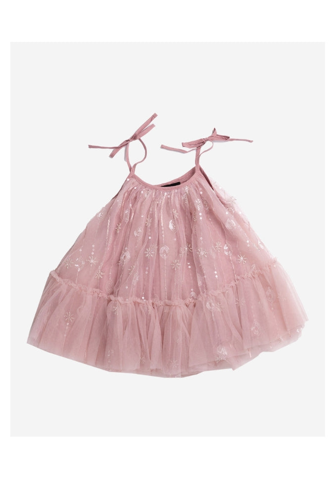 Pink tulle dress with thin spaghetti straps and bow details, starry embroidered pattern