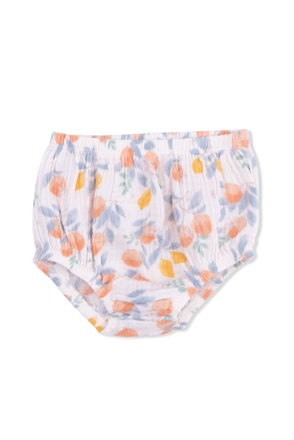 Smocked bloomers with citrus floral print, elastic waist and leg openings.