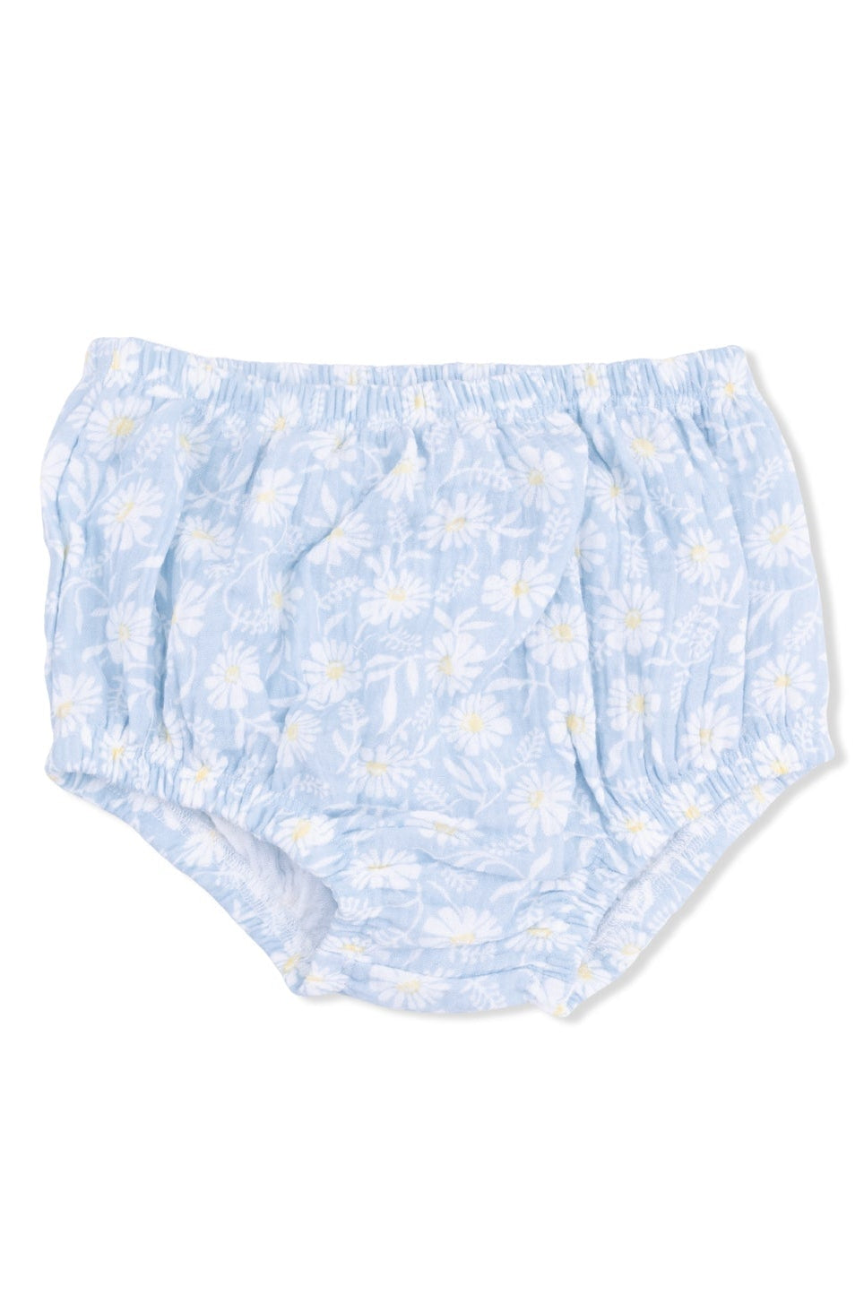 Smocked bloomers with light blue daisy print, elastic waist and leg openings.