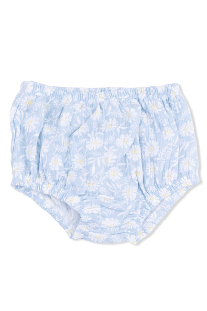 Smocked bloomers with light blue daisy print, elastic waist and leg openings.