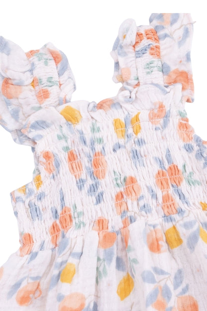 Smocked sundress bodice close-up with multicolor floral print and gathered detailing.