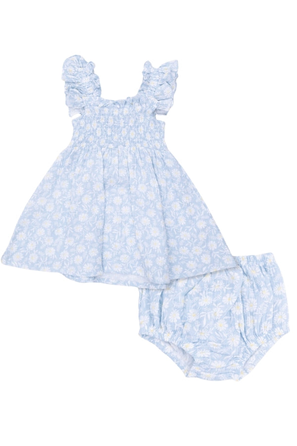 Smocked sundress with light blue daisy print, paired with matching bloomers.