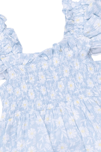 Smocked sundress fabric close-up with light blue daisy print and elastic smocking.