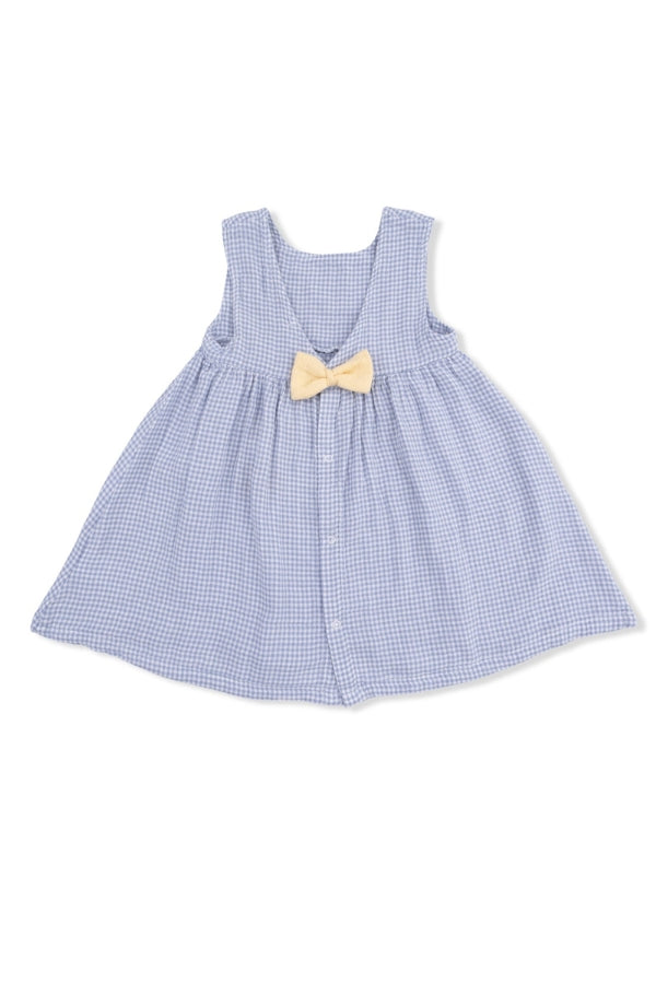 Blue gingham sleeveless dress with yellow bow at neckline