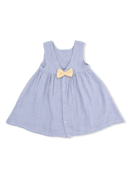 Blue gingham sleeveless dress with yellow bow at neckline